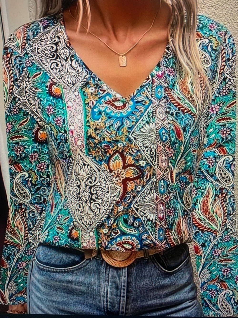 Boho V-Neck Paisley Print Women's Top - Teal Multi